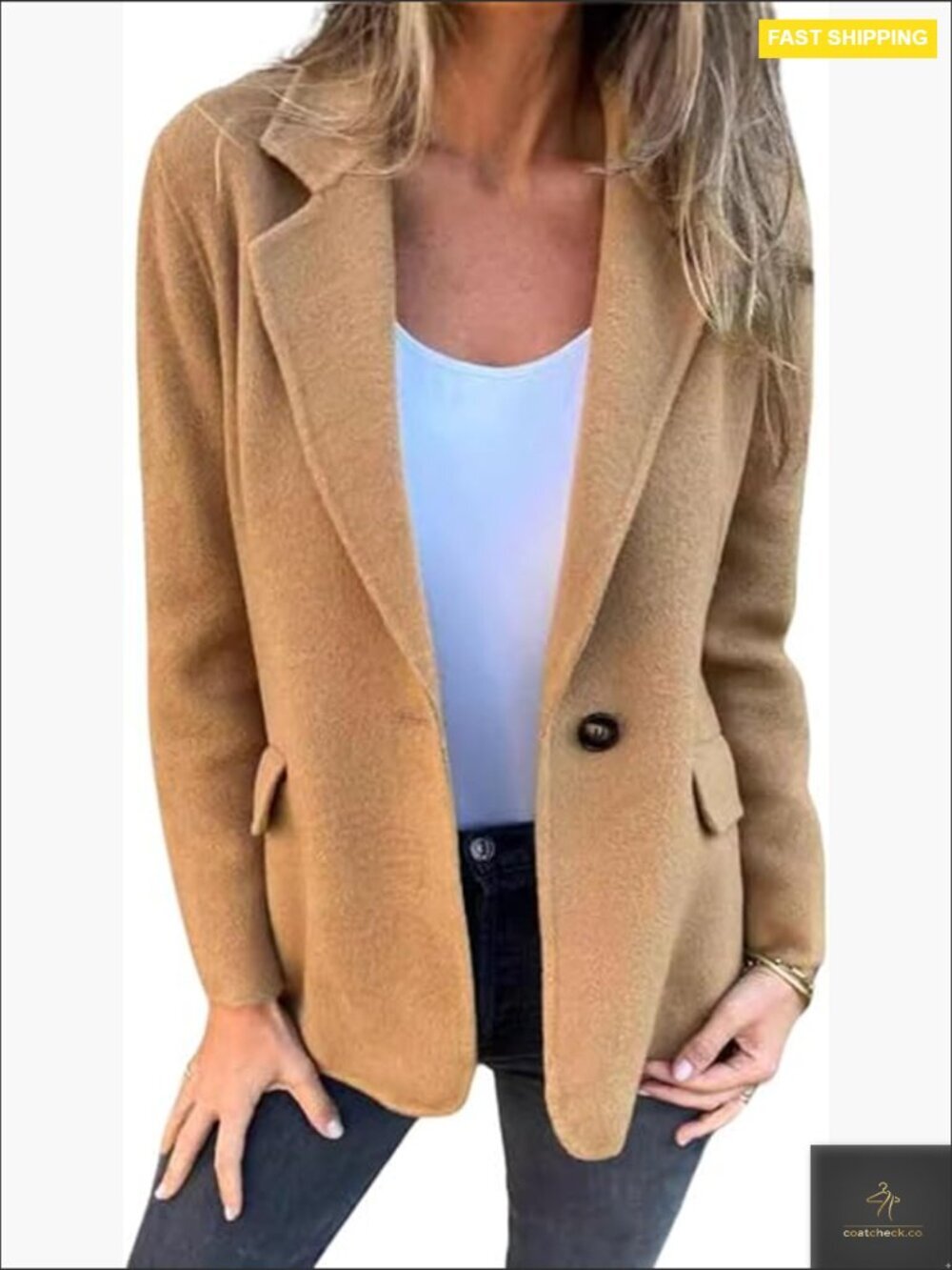 Wool Blend Blazer Pea Coat Open Front Short Jacket Business Casual Chic